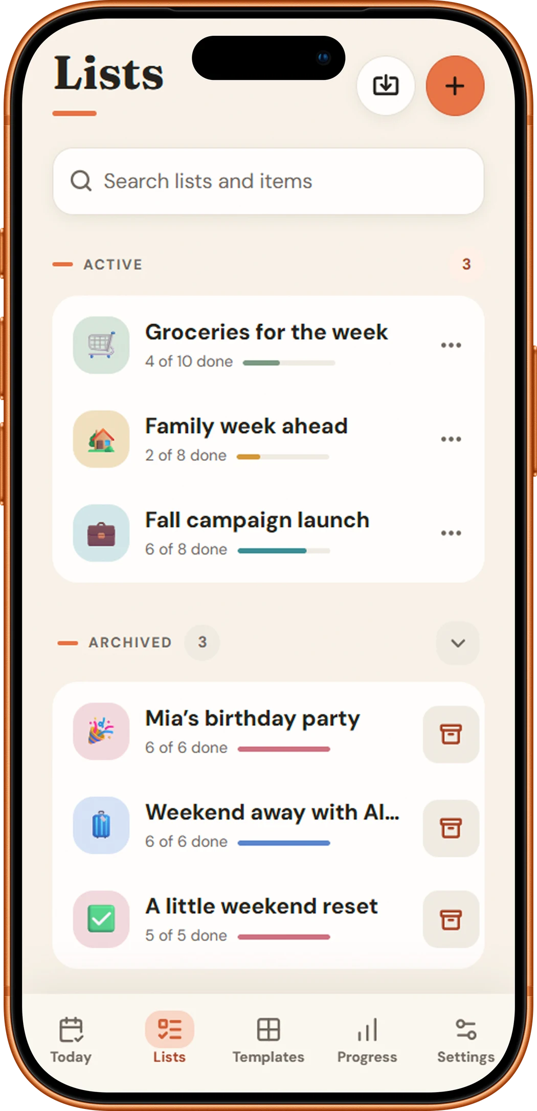 All My Lists showing Emma’s groceries, family plans and marketing campaign, with completed lists in the archive.